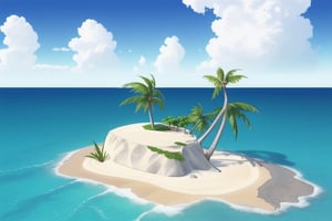 (((small island in the mifdle of the ocean 2d for kids))), landscape view with blue sky, green grass, bright colors,  small flowers, beach, ((palms)), ((ready to print)), clouds, vibrant colors, 