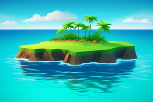 (((small island in the mifdle of the ocean 2d for kids))), landscape view with blue sky, green grass, bright colors,  small flowers, beach, (((palms))), ((ready to print)), ((two point perspective)), (vanishing point), ((linear perspective)), ((lower horin line)), clouds, vibrant colors, herbage, background