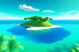 (((small island in the mifdle of the ocean 2d for kids))), landscape view with blue sky, green grass, bright colors,  small flowers, beach, (((palms))), ((ready to print)), ((two point perspective)), (vanishing point), clouds, vibrant colors, herbage,