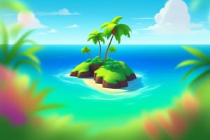 (((small island in the mifdle of the ocean 2d for kids))), landscape view with blue sky, green grass, bright colors,  small flowers, beach, (((palms))), ((ready to print)), ((two point perspective)), (vanishing point), clouds, vibrant colors, herbage,