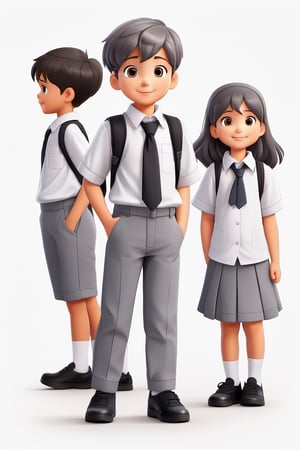 children with gray uniform,PinchingPOV, white background, latin kid,pov, boy  six year old, school_uniform, ((gray dress Trousers)), (black shoes), (white shirt), back to school, latin kid, white background,