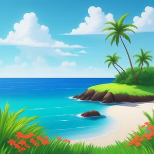 (((small island 2d for kids))),  landscape view with blue sky,  green grass,  bright colors,  small flowers,  beach,  (((palms))),  ((ready to print)),  ((two point perspective)),  (vanishing point),  ((linear perspective)),  ((lower horizon line)),  clouds,  vibrant colors,  herbage,  background, ,Leonardo Style