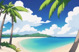 (((small island 2d for kids))), landscape view with blue sky, green grass, bright colors,  small flowers, beach, ((palms)), ((ready to print)), clouds, vibrant colors,