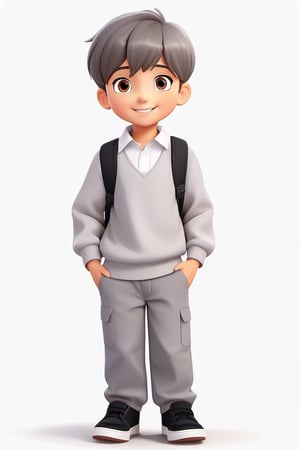 children with gray uniform, PinchingPOV, white background, latin kid, pov, boy  six year old, school uniform, ((gray dress Trousers)), ((black shoes)), (white shirt), ((gray pullover)), (gray sweater), brown hair, back to school, latin kid, white background, whole body