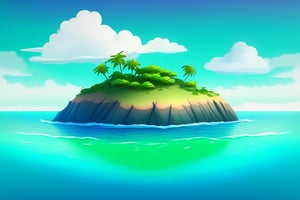 (((small island in the mifdle of the ocean 2d for kids))), landscape view with blue sky, green grass, bright colors,  small flowers, beach, (((palms))), ((ready to print)), ((two point perspective)), (vanishing point), ((linear perspective)), ((lower horizon line)), clouds, vibrant colors, herbage, background