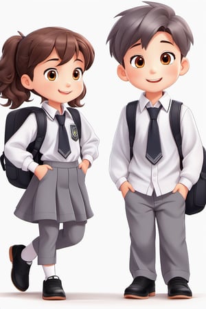 children with gray uniform,PinchingPOV, white background, latin kid,pov, boy  six year old, school_uniform, ((gray dress Trousers)), (black shoes), (white shirt), (gray pullover), brown hair, back to school, latin kid, white background,