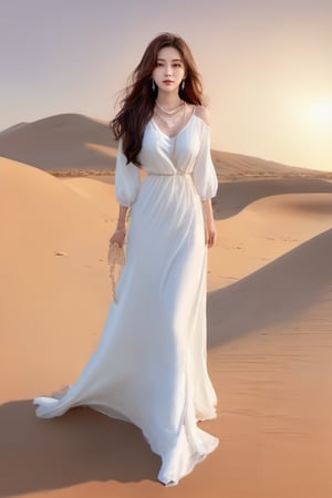 korean girl, 1girl, female_solo, brown hair, brown eyes, realistic, necklace, jewelry, long wave hair, full Body photo, looking back, pearl necklace, white dress, looking at viewer, (background : simple, sunset, desert ) , lips 