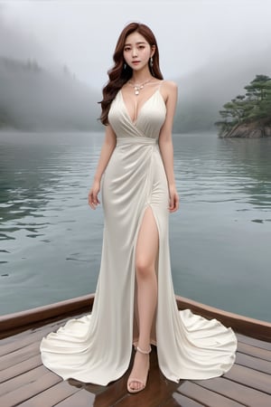 ( best quality, realistic description, masterpiece,)

Jang Won-young, korean girl, female solo, (((((beautiful face))))),
white hair, long wave hair, medium breasts,
brown eyes, ((realistic)), super realistic eyes
necklace, jewelry, pearl necklace
full_body, looking back, look at camera
white dress, Olivia Bottega Ella Dress, plunging v dress, dress with a waist high slit, ((((see-through dress)))),
(background : simple, lake surface, (((((fog))))), cloudy weather, ),