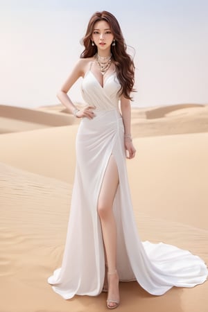 korean girl, 1girl, female_solo, (hair : brown, long wave hair), (eyes : brown), ((realistic)) , (necklace: jewelry, pearl), full Body photo, big_breats, high heels, pearl bracelets, looking back,(dress: white, with a slit),, looking at viewer, (background : simple, desert ), ( lips : sexy ), no exposed teeth