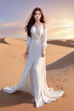 korean girl, 1girl, female_solo, (hair : brown, long wave hair), (eyes : brown), ((realistic)) , (necklace: jewelry, pearl), full Body photo, looking back, white dress, a dress with a slit, looking at viewer, (background : simple, sunset, desert ) , lips 