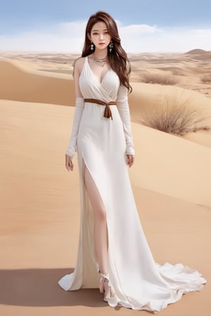 korean girl, 1girl, female_solo, (hair : brown, long wave hair, without accessories), (eyes : brown), ((realistic)) , (necklace: jewelry, pearl), full Body photo, hand against waist, big_breats, high heels, pearl bracelets, looking back,(dress: white color, with a high slit, ), looking at viewer,( background : simple, desert, flowers land, reeds ), ( lips : sexy )