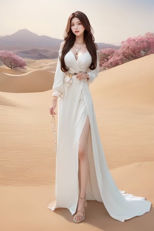 korean girl, 1girl, female_solo, (hair : brown, long wave hair), (eyes : brown), ((realistic)) , (necklace: jewelry, pearl), full Body photo, hand against waist, big_breats, high heels, pearl bracelets, looking back,(dress: white, with a high slit, ), looking at viewer, (background : simple, desert, (flower land) ), ( lips : sexy )