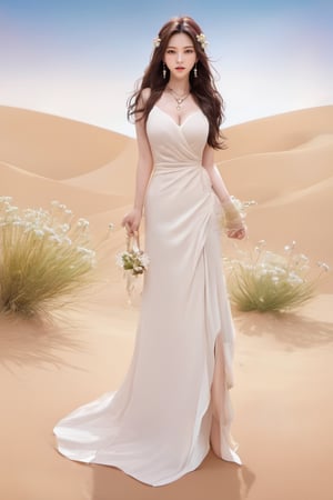 korean girl, 1girl, female_solo, (hair : brown, long wave hair), (eyes : brown), ((realistic)) , (necklace: jewelry, pearl), full Body photo, hand against waist, big_breats, high heels, pearl bracelets, looking back,(dress: white, with a high slit, ), looking at viewer, (background : simple, desert, flower land, Desert Grass ), ( lips : sexy )