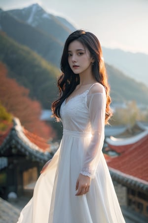 (masterpiece, best quality, niji style, realistic), beautiful woman, xxmixgirl, A mysterious woman,fog,movie lights, korean girl, full_body, sunlight, white hair, long wavy hair, white dress, (open white dress), (background: the mountains)