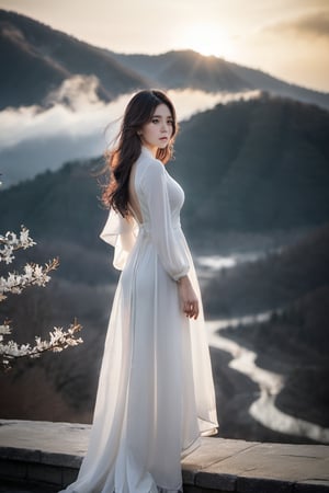 (masterpiece, best quality, niji style, realistic), beautiful woman, xxmixgirl, A mysterious woman,fog,movie lights, korean girl, full_body, sunlight, white hair, long wavy hair, white dress, (open white dress), (background: the mountains)