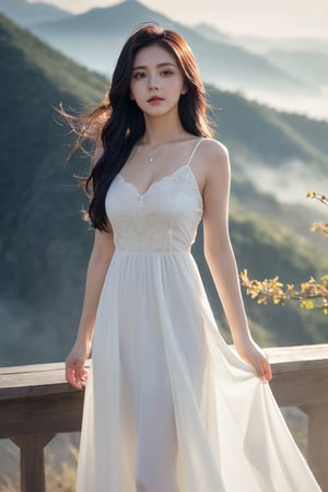(masterpiece, best quality, niji style, realistic), beautiful woman, xxmixgirl, A mysterious woman,fog,movie lights, korean girl, full_body, sunlight, white hair, long wavy hair, white dress, (open white dress), (background: the mountains)