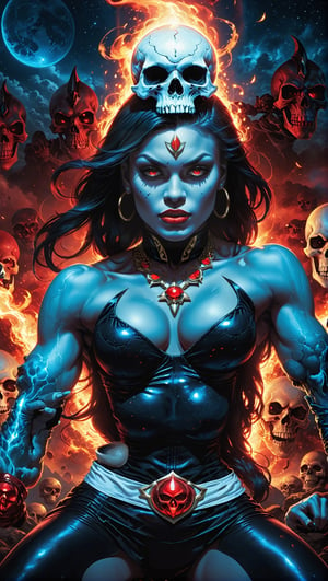 A lost but calm angry Kali ma as Zatanna Zatara - Sorceress Mode meditating on giant skulls,cutting a skull surrounded by glowing cosmic aura skulls monstrous scared aliens. and the planet dresses skies and landscapes in Black blue, Neon red and Neon Silver colors, skulls, skull, skulls, skull, face red glowing eyes, full_body,full-body_portrait,full-length_portrait,fully_clothed , flying on giant skull head, fappy face,Claressa Shields: Known for her powerful punches and aggressive style Shields often poses with her fists clenched and her arms extended forward showing strength and determination.