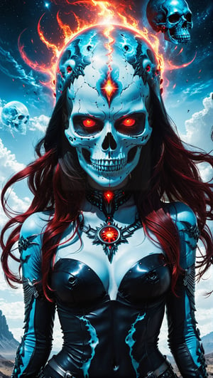 A lost but calm angry Kali mas as Megan fox witch ,cutting a skull surrounded by glowing cosmic aura skulls monstrous scared aliens. and the planet dresses skies and landscapes in Black blue, Neon red and Neon Silver colors, skulls, skull, skulls, skull, face red glowing eyes, full_body,full-body_portrait,full-length_portrait,fully_clothed , meditate on giant skull head