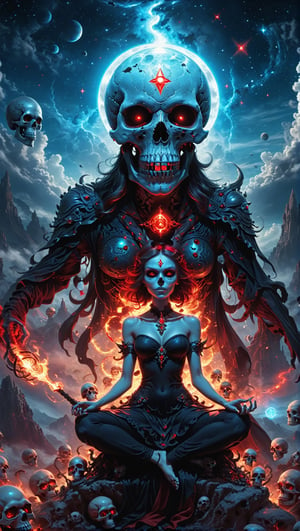 A lost but calm angry Kali ma as tiny witch meditating on giant skulls,cutting a skull surrounded by glowing cosmic aura skulls monstrous scared aliens. and the planet dresses skies and landscapes in Black blue, Neon red and Neon Silver colors, skulls, skull, skulls, skull, face red glowing eyes, full_body,full-body_portrait,full-length_portrait,fully_clothed , flying on giant skull head, fappy face,