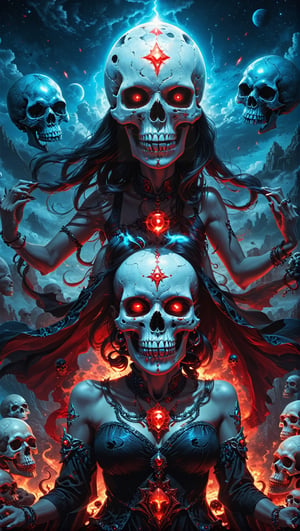 A lost but calm angry Kali ma as tiny witch meditating on giant skulls,cutting a skull surrounded by glowing cosmic aura skulls monstrous scared aliens. and the planet dresses skies and landscapes in Black blue, Neon red and Neon Silver colors, skulls, skull, skulls, skull, face red glowing eyes, full_body,full-body_portrait,full-length_portrait,fully_clothed , flying on giant skull head, fappy face,