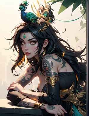 ultrarealistic digital image of a very beautiful attractive peacock goddess, tattooed, with colorful vibrant peacock feathers on her head, shiny, covered with tiny golden strings, curved body, waiting in ambush, intricate details, boss attitude, various angle, jade eyes, can’t believe how beautiful this is, photorealistic style, heavy shading, hyperrealism, high contrast, photorealistic, 8k, unreal engine, 3d render 