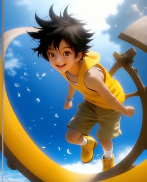 Happy nami,女孩,旗袍,Dream,10 year cute boy on a Blue shorts, white tank top, yellow boots, in the style of yuumei, realistic hyper - detailed rendering, yumihiko amano, zhang jingna, wiccan, trace monotone, rtx on ,細緻的背景, indian boy, various poses , onepiece anime