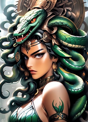 a close up of a woman with a snake on her head, shanina shaik as medusa, beautiful female gorgon, cyberpunk medusa, female medusa long hair, medusa portrait painting, fierce medusa, the queen of blades, eldritch horror goddess, young woman as medusa, queen of blades, medusa, dark portrait of medusa, portrait of a scorpion goddess