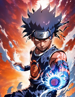 black skin full body sasuke with afro hair posing from Naruto anime, perfect hands, with naruto headband, soft aura, blue blast around, steam aura around, in aura, landscape, vivid colors, soft, cinematic, darken colors, ultra detailed, realism, superb, face detailed ,Niji Slime,flmngprsn