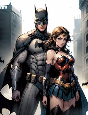 a man and a woman dressed as batman and wonder, artgerm and genzoman, masayoshi suto and artgerm, greg rutkowksi and artgerm, artgerm and grek rutkowski, knight and princess, anigirl batman, dc comic, artgerm comic, wonder, in the justice league