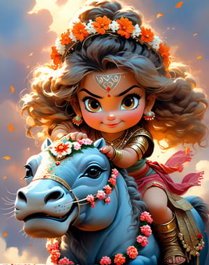 Ultra details, masterpiece, 32k, happy very beautifull cute adorable little teen happy girl Durga maa flower head goddess wearing traditional hindu sarees sitting sitting sitting on giant traditional warrior traditional giant horse floting in Japan flower cgsocaity 21,anime style , 8k resolution photorealistic masterpiece, intricately detailed fluid gouache painting, by Jean Baptiste Monge, acrylic: colorful watercolor art, cinematic lighting, maximalist photoillustration, 8k resolution concept art intricately detailed, complex, elegant, expansive, fantastical, psychedelic realism, dripping paint, warrior cute goddess flower crown with very powerful weapon trident sitting sitting giant asthetic horse in epic sky, can't believe how beautiful she is, tiny Golden shinning, perfect hand. 5 fingers, beautiful kind eyes, varieties poses. Different different poses, fully goddess Vibe, vibrant cenematic super super realistic ,Gopn1k, flying,sky sky moon weapon hand, wearing saree, beautiful saree , charming happy face, noble works, art in artstation, very cute adorable child sitting on giant lion,ANIME_MaMiSun_ownwaifu,Leonardo Style, illustration, 2 legs,vector art,more detail XL