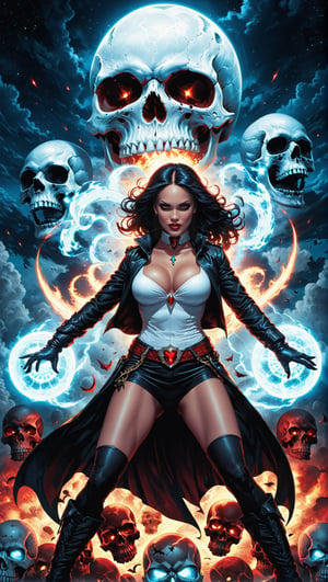 A lost but calm angry Kali ma as Zatanna Zatara - Sorceress Mode flying in sky on giant skulls,cutting a skull surrounded by glowing cosmic aura skulls monstrous scared aliens. and the planet dresses skies and landscapes in Black blue, Neon red and Neon Silver colors, skulls, skull, skulls, skull, face red glowing eyes, full_body,full-body_portrait,full-length_portrait,fully_clothed , flying on giant skull head, fappy face,As the first woman to unify the welterweight championship Braekhus' pose often captures her in a defensive stance with her gloves guarding her face while preparing to counterpunch.