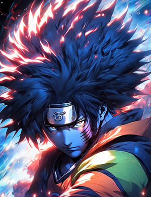 black skin full body sasuke with afro hair posing from Naruto anime, perfect hands, with naruto headband, soft aura, blue blast around, steam aura around, in aura, landscape, vivid colors, soft, cinematic, darken colors, ultra detailed, realism, superb, face detailed ,Niji Slime