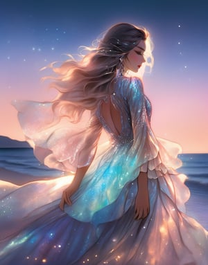 ultra detailed close up illustration of a woman at the seashore after sunset,  she wears a flowy holographic dress made of silk and tulle and very glowy,  bioluminiscent,  fantasy art,  dreamlike,  backlit,  dynamic pose,  