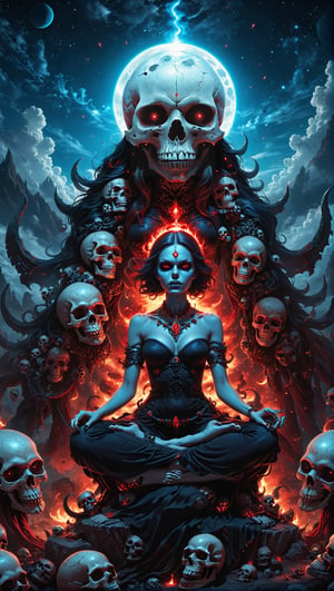 A lost but calm angry Kali ma as tiny witch meditating on giant skulls,cutting a skull surrounded by glowing cosmic aura skulls monstrous scared aliens. and the planet dresses skies and landscapes in Black blue, Neon red and Neon Silver colors, skulls, skull, skulls, skull, face red glowing eyes, full_body,full-body_portrait,full-length_portrait,fully_clothed , flying on giant skull head, fappy face,