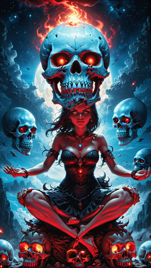 A lost but calm angry Kali ma as tiny witch meditating on giant skulls,cutting a skull surrounded by glowing cosmic aura skulls monstrous scared aliens. and the planet dresses skies and landscapes in Black blue, Neon red and Neon Silver colors, skulls, skull, skulls, skull, face red glowing eyes, full_body,full-body_portrait,full-length_portrait,fully_clothed , flying on giant skull head, fappy face,