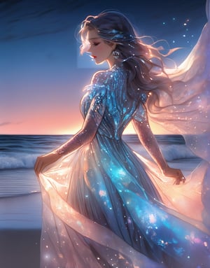 ultra detailed close up illustration of a woman at the seashore after sunset,  she wears a flowy holographic dress made of silk and tulle and very glowy,  bioluminiscent,  fantasy art,  dreamlike,  backlit,  dynamic pose,  