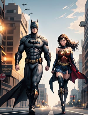 a man and a woman dressed as batman and wonder, artgerm and genzoman, masayoshi suto and artgerm, greg rutkowksi and artgerm, artgerm and grek rutkowski, knight and princess, anigirl batman, dc comic, artgerm comic, wonder, in the justice league, walking in road , very good vibes, they are fun together 