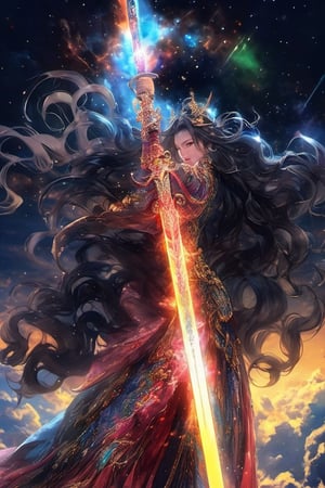 a woman with a sword in her hand standing in the sky, yoshitakka amano karol bak, cg art, heise-lian yan fang, flowing glowing hair, full art, epic fantasty card game art, by Hidari Jingorō, xianxia fantasy, anime fantasy artwork, xianxia hero, she is holding a sword