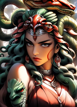 a close up of a woman with a snake on her head, shanina shaik as medusa, beautiful female gorgon, cyberpunk medusa, female medusa long hair, medusa portrait painting, fierce medusa, the queen of blades, eldritch horror goddess, young woman as medusa, queen of blades, medusa, dark portrait of medusa, portrait of a scorpion goddess