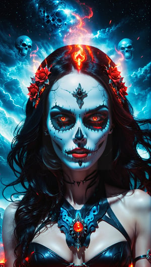 A lost but calm angry Kali mas as Megan fox witch ,cutting a skull surrounded by glowing cosmic aura skulls monstrous scared aliens. and the planet dresses skies and landscapes in Black blue, Neon red and Neon Silver colors, skulls, skull, skulls, skull, face red glowing eyes,