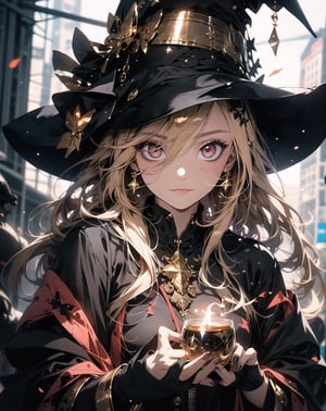 Variation of Red eyes, evil, golden, shiny, gold hair,High detailed ,midjourney,perfecteyes,Color magic,urban techwear,hmochako,better witch,witch, witch,Long hair ,long hair,