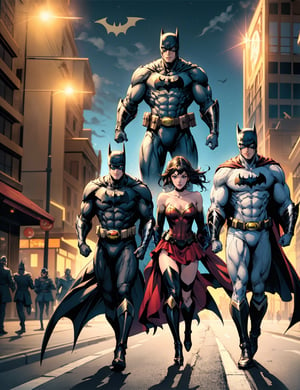 a man and a woman dressed as batman and wonder, artgerm and genzoman, masayoshi suto and artgerm, greg rutkowksi and artgerm, artgerm and grek rutkowski, knight and princess, anigirl batman, dc comic, artgerm comic, wonder, in the justice league, walking in road , very good vibes, they are fun together 