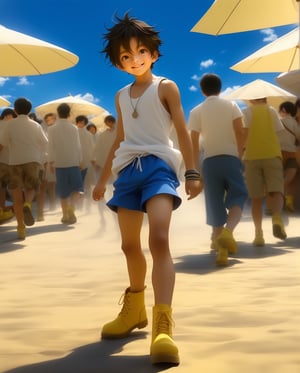 Happy nami,女孩,旗袍,Dream,10 year cute boy on a Blue shorts, white tank top, yellow boots, in the style of yuumei, realistic hyper - detailed rendering, yumihiko amano, zhang jingna, wiccan, trace monotone, rtx on ,細緻的背景, indian boy, various poses , onepiece anime