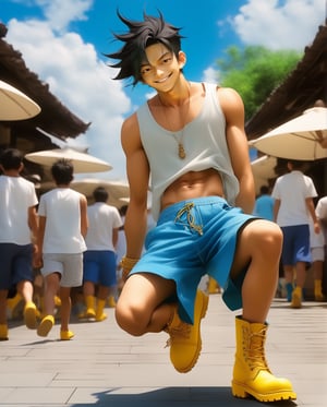 Happy franky,女孩,旗袍,Dream, 10 year cute man on a Blue shorts, white tank top, yellow boots, in the style of yuumei, realistic hyper - detailed rendering, yumihiko amano, zhang jingna, wiccan, trace monotone, rtx on ,細緻的背景, indian boy, various poses , onepiece anime, 