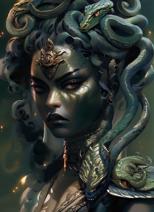 a close up of a woman with a snake on her head, shanina shaik as medusa, beautiful female gorgon, cyberpunk medusa, female medusa long hair, medusa portrait painting, fierce medusa, the queen of blades, eldritch horror goddess, young woman as medusa, queen of blades, medusa, dark portrait of medusa, portrait of a scorpion goddess