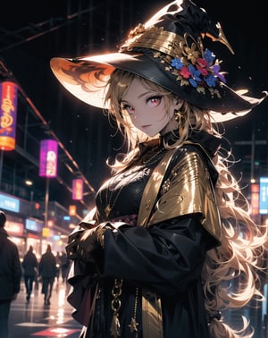 Red eyes, evil, golden, shiny, gold hair,High detailed ,midjourney,perfecteyes,Color magic,urban techwear,hmochako,better witch,witch, witch,Long hair ,long hair,