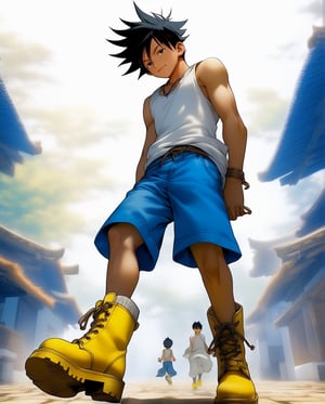 Happy franky,女孩,旗袍,Dream, 10 year cute man on a Blue shorts, white tank top, yellow boots, in the style of yuumei, realistic hyper - detailed rendering, yumihiko amano, zhang jingna, wiccan, trace monotone, rtx on ,細緻的背景, indian boy, various poses , onepiece anime, 