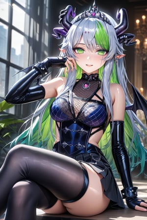 (Masterpiece), mature, HDR,UHD,8K, best quality, Highly detailed, physically-based rendering, extreme detail description, perfect skin, shiny skin, shiny hair,perfect face, hand in face, 1girl, fr1, black dress, multicolored_hair, green hair, blue hair, white hair, streaked hair, gradient hair, thighhighs, asymmetrical_legwear, one thighhigh, gloves, fingerless gloves, pointy ears, horns, wings, jewelry, tiara, hair ornaments, Froot, skirt