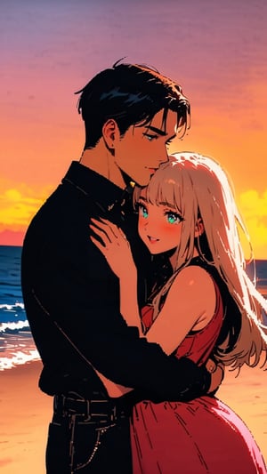 best quality, masterpiece, detailed, 16k, beautiful detailed face, beautiful detailed eyes, 8k, 1boy, 1girl, couple portrait, A handsome boy, A cute girl, (heavy lower lips), (matching couple dress), casual outfit, (beach sunset background), twilight, hug, hugging, sweet smile,pastelbg,more detail XL