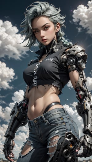 Genos(one punch man), female, mechanical cyborg, average female human height. Her face and ears look like that of a normal human, made of artificial skin, and her eyes have black sclera with green irises. She has braid grey hair and her eyebrows are grey, crop torn top, blue low rise shorts, ((torn clothes)), glowing aura metal arms, big breast, bold and sexy, cool look, deep navel, masterpiece, realistic photo, ultra detailed photo, raw photo, ((dynamic posing), ((day lighting)), ((blue cloudy sky))
